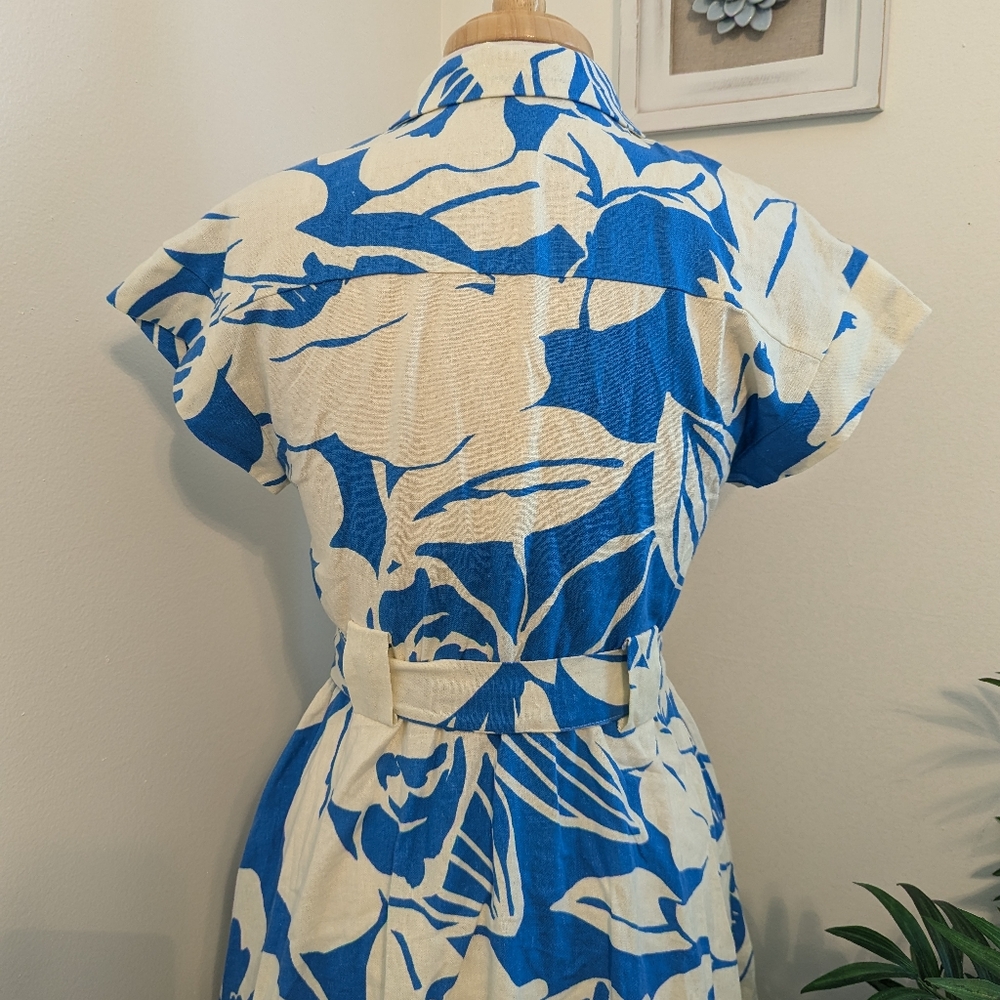 OneTheLand Tropical Floral Print Linen Button Up Mini Dress Blue White Medium - Picture 8 of 12